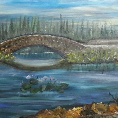 ציור נוף עם גשר ופרחי מים